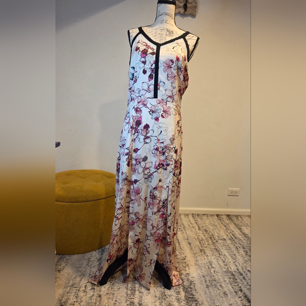 Chelsea 28 Pink/Cream Cherry Bloosom Print Maxi Dress with Black Trim,Size M. - Picture 3 of 16
